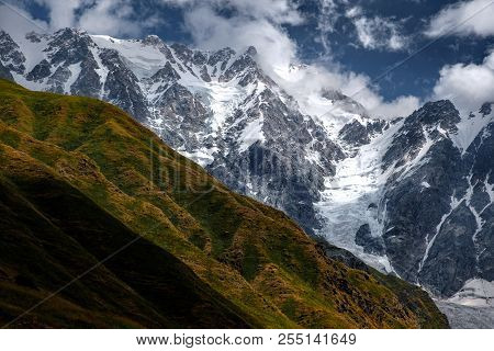 Landscape View Of Mountains With Meadows And Glaciers, Country Of Georgia