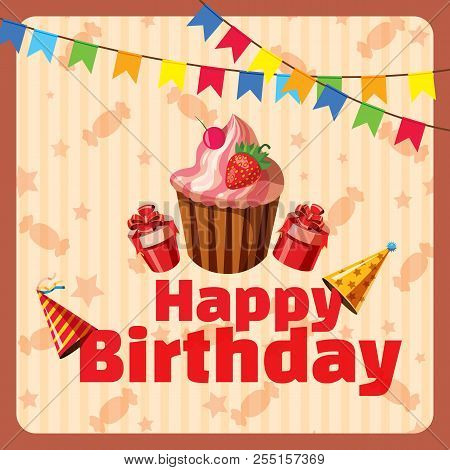 Happy Birthday Composition Concept. Cartoon Illustration Of Happy Birthday Composition Concept For W