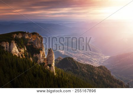 Mountain Landscape Seen From The Top Of Ceahlau Peak, View To The Cetatuia And The Monks Stones