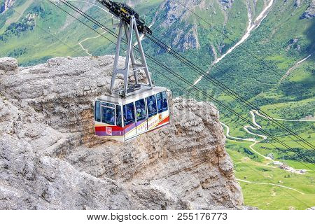 Sass Pordoi, Italy July 18, 2014 - Cable Car Of Sass Pordoi Mountain Massif, Dolomites, Italy, Europ