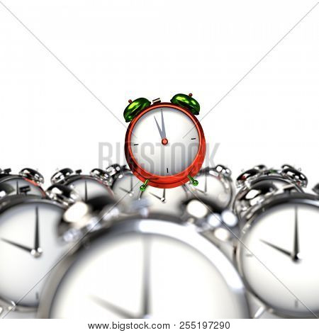 Standing out of the crowd. Colorful alarmclock among the grey alarmclocks. 3D rendering