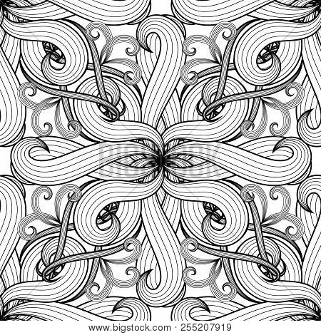 Intricate Black And White Floral Vector Seamless Pattern. Monoch