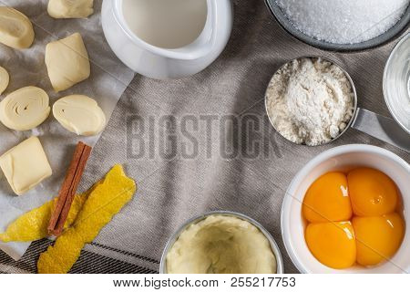 Ingredients For Homemade Baking Portuguese Egg Tarts - Flour, Milk, Water, Egg, Sugar, Lemon, Cinnam
