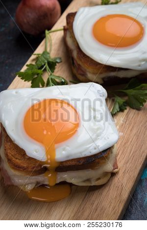 French croque madame sandwich with ham, cheese and fried egg