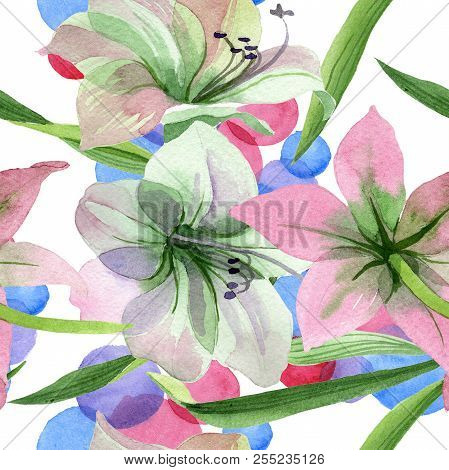Watercolor Pink Amarylis Flower. Floral Botanical Flower. Seamless Background Pattern.