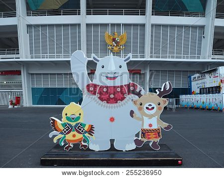 Jakarta, Indonesia - August 24, 2018: Asian Games 2018 Official Mascots Bhin Bhin, Atung And Kaka In