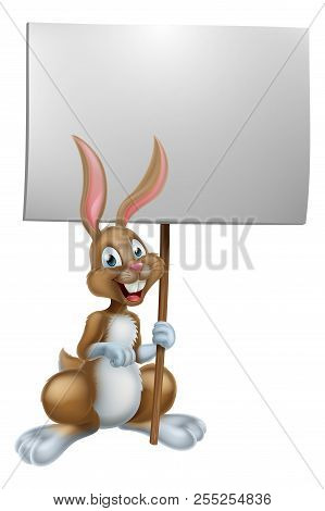 A Happy Cartoon Easter Bunny Rabbit Holding A Sign