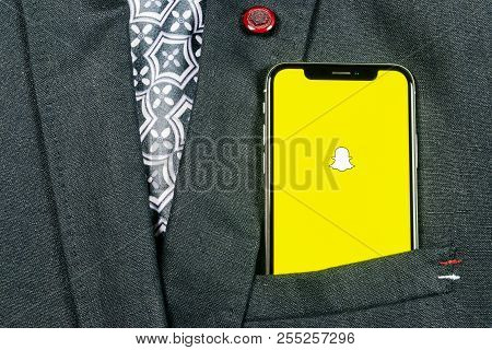 Sankt-petersburg, Russia, August 24, 2018: Snapchat Application Icon On Apple Iphone X Smartphone Sc