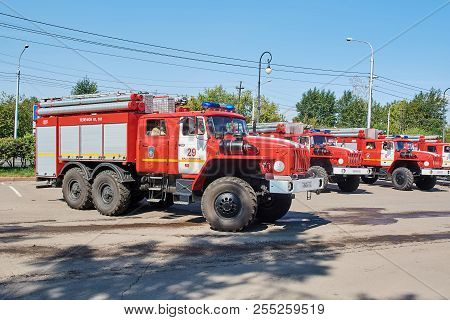 Krasnoyarsk, Russia - August 25, 2018: The Solemn Delivery Of New Fire Trucks To Crews Of Mes Dated 