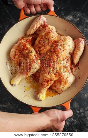 Ready To Roast Raw Chicken Tabaka In Frying Pan