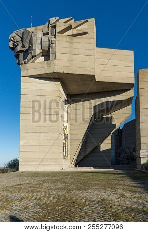 Shumen, Bulgaria - April 10, 2017:   Sunset View Of Founders Of The Bulgarian State Monument Near To