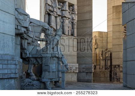 Shumen, Bulgaria - April 10, 2017:   Sunset View Of Founders Of The Bulgarian State Monument Near To