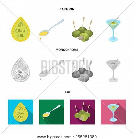 Label Of Olive Oil, Spoon With A Drop, Olives On Sticks, A Glass Of Alcohol. Olives Set Collection I