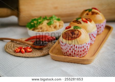 Homemade Soft And Sticky Bun With Dried Shredded Pork Or Pork Floss And Shrimp Roasted Chili Paste. 