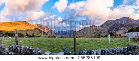 View Of Nant Ffrancon Pass At Snowdonia National Park, With Mount Tryfan In Background Gwynedd, Wale