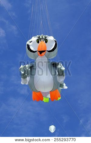 Zeewolde,  Flevoland, The Netherlands - August 26, 2018: Birds Kite Flying Against A Partly Clouded 