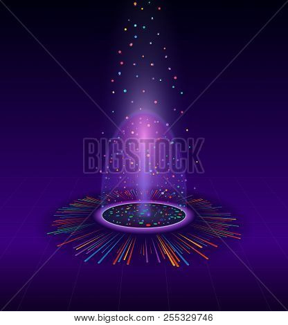 Magic Portal Of Fantasy. Futuristic Teleport. Light Effect. Colorful Dots With Sparks On Night Backg