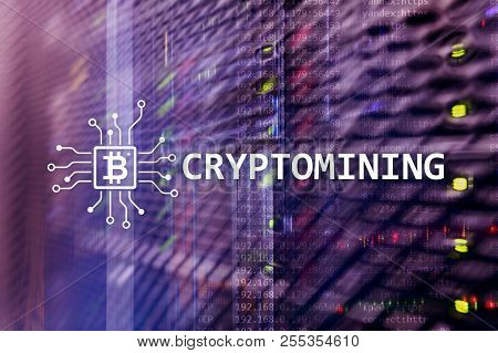 Cryptocurrency Mining Concept On Server Room Background.