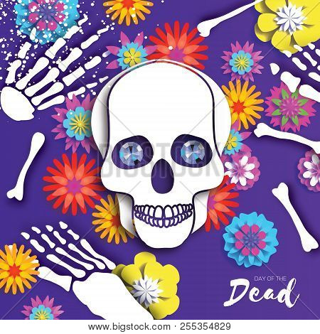 Day Of The Dead. Paper Cut Skull For Mexican Celebration. Traditional Mexico Skeleton. Blue Diamond 
