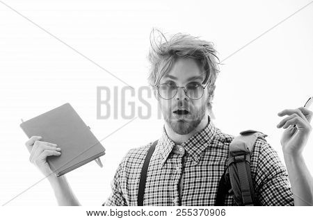 Work And Study, Surprised Handsome Man Or Smart, Male Student, Businessman, In Nerd Glasses Holding 