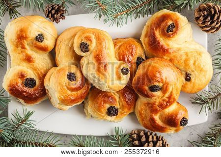 Traditional Swedish Christmas Saffron Buns (lussebulle Or Lussekatt). Swedish Christmas. White Backg