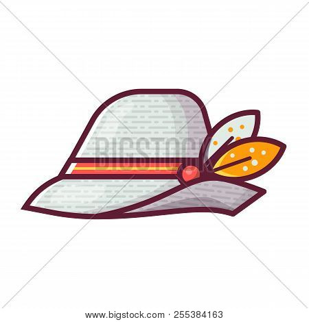 Traditional Tyrolean German Felt Hat. Grey Vintage Oktoberfest Bavarian Cap In Line Art Style.