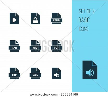 File Icons Set With Wav, Data, Pdf And Other Protection Elements. Isolated Vector Illustration File 