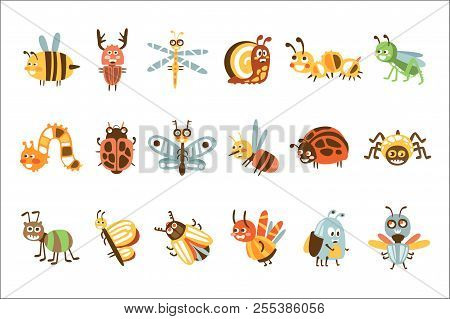 Funky Bugs And Insects Set Of Small Animals With Smiling Faces And Stylized Design Of Bodies