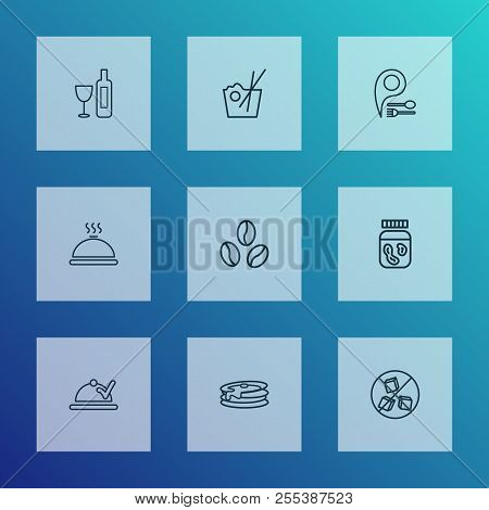 Eating Icons Line Style Set With Coffee Bean, Chinese Food, Sugar Free And Other Unsweetened Element
