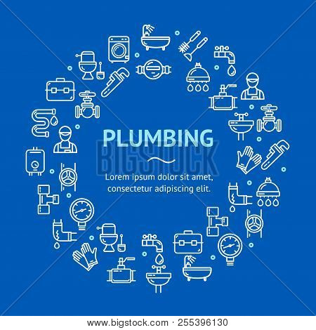 Plumbing Signs Round Design Template Thin Line Icon Concept. Vector