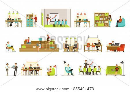 Coworking Workplace, Freelancers Sharing Space And Ideas In Office Where They Work Together Set Of I
