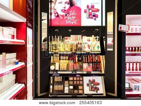 London, Uk - August 31, 2018:clarins Perfume And Cosmetic Makeup Luxury Collection In Boutique Store