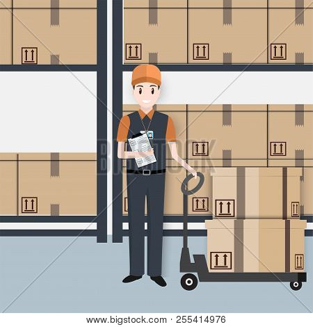 Man With Boxes And Hand Pallet Jack Lift Icom. Delivery Or Moving Crate And Warehouse Background