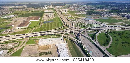 Panoramic Vertical View Katy Freeway Interstate 10 With Clear Blue Sky
