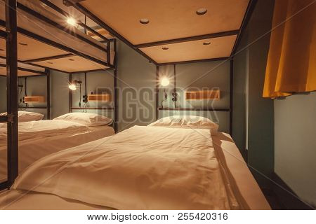 Tbilisi, Georgia - Oct 8: Interior Design Of A Dorm Room Of Tourist Hostel With Clean Beds For Twelv