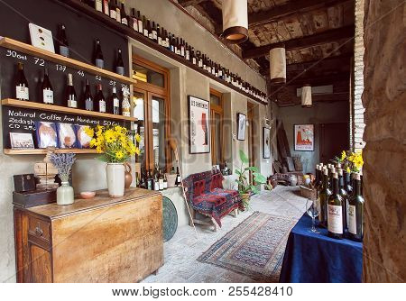 Signagi, Georgia - Oct 7: Wine Bottles Inside The Retro Bar Or Restaurant In Old Building In Rural S