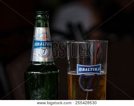 Belgrade, Serbia - August 26, 2018:  Baltika 7 Logo On On A Beer Bottle. Baltika 7 Is A Light Lager,