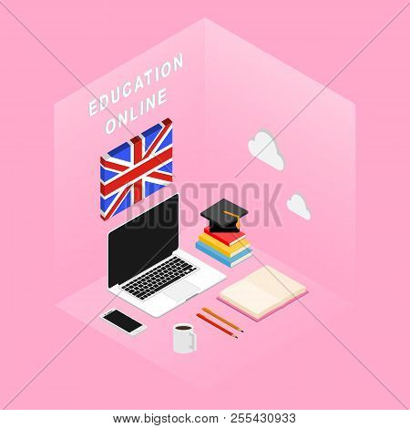 Online education, isometry vector illustration.Learning languages online.  Lap top, books, cup isome