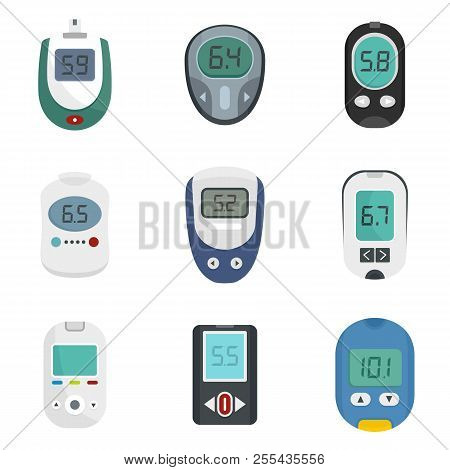 Glucose Meter Sugar Blood Test Device Icons Set. Flat Illustration Of 9 Glucose Meter Sugar Blood Te