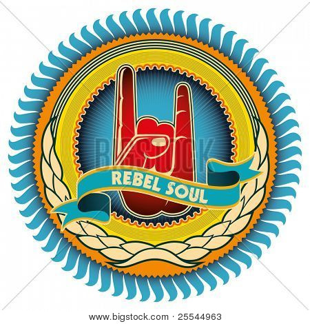 Ilustrovaný barevný rebel znak s retro prvky. Vektorové ilustrace.