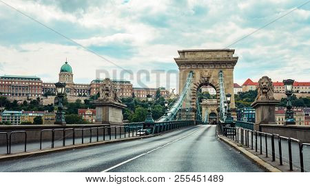 Panoramic View Of The Széchenyi Chain Bridge In Budapest Without Cars Hungary
