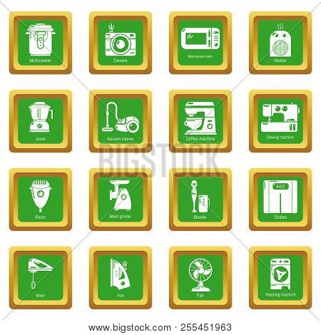 Domestic Appliances Icons Set Green Square Isolated On White Background