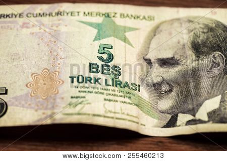 Close Up Turkish Lira Bills On Wooden Table, Turkish Lira (turkish Turk Parasi), High Exchange Rate 