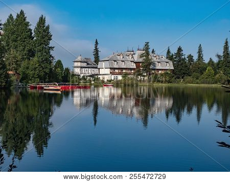 Mountain Lake Strbske Pleso In National Park High Tatra, Vysoke Traty, Slovakia, Europe. Strbske Ple