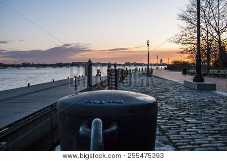 Early Springtime View Of Harborwalk Along Fan Pier In South Boston