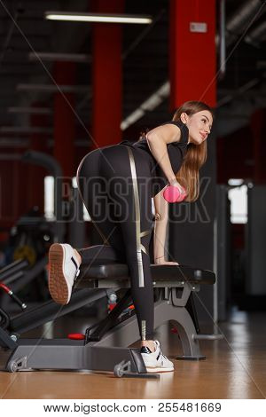 A Girl Is Training Her Back.concept Of Healthy Lifestyle.bodybuilder In The Gym