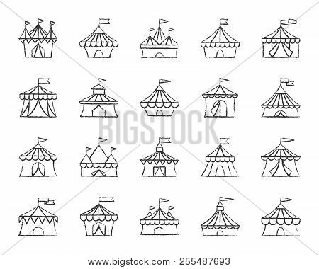 Circus Tent Charcoal Icons Set. Grunge Outline Sign Kit Of Carnival. Cirque Canopy Linear Icon Colle
