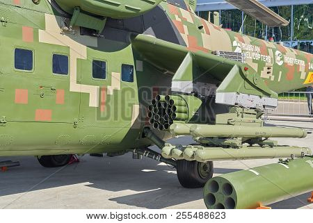 Kubinka, Russia, Aug.24, 2018: View On Armed Combat Russian Helicopter Mi-24. Russian Helicopters On