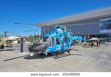 Kubinka, Russia, Aug.24, 2018: View On Modern Multipurpose Russian Helicopter Ansat In Blue Pixel Ca