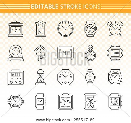 Watch Thin Line Icons Set. Outline Web Sign Kit Of Alarm Clock. Clock Linear Icon Collection Include